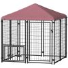 Welded Wire Outdoor Dog Kennel with 360�� Rotating & 4 Levels Adjustable Bowls, Waterproof Cover, 4.6' x 4.6' x 5'