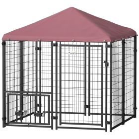 Welded Wire Outdoor Dog Kennel with 360�� Rotating & 4 Levels Adjustable Bowls, Waterproof Cover, 4.6' x 4.6' x 5'