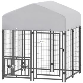 Welded Wire Outdoor Dog Kennel with 360�� Rotating & 4 Levels Adjustable Bowls, Waterproof Cover, 3.9' x 3.9' x 4
