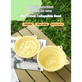 3-in-1 Pet Travel Collapsible Bowl Foldable Slow-Feeder With Strong Suction Cups  Portable Silicone Dog Bowl With Hook For Hanging On Collar-Backpack (Option: Yellow-650ml)